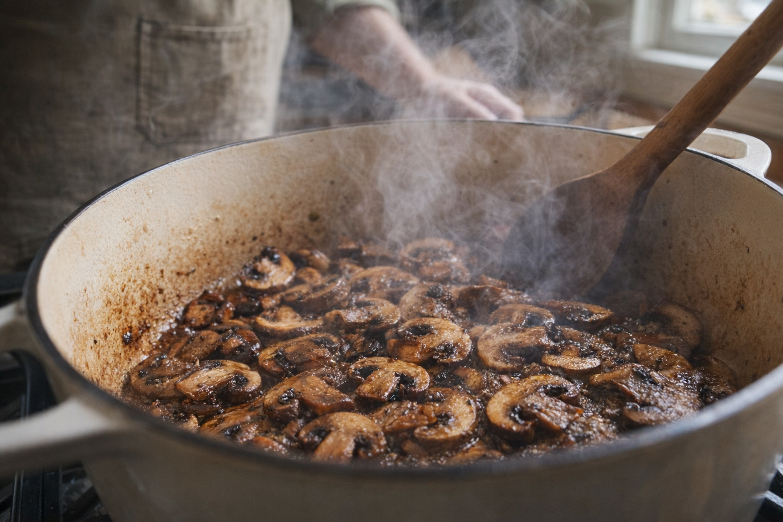 A close-up action shot of mushrooms sautéing in a dutch oven, steam rising, caramelized edges visible